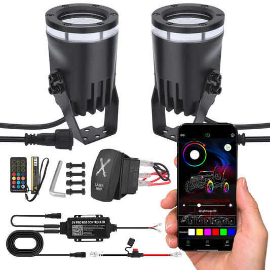 Chelhead Laser Whip Lights Kit, App &amp; Remote Control Spiral RGB Chasing Whipless Whips with Rocker Switch Wiring Compatible with UTV ATV Polaris RZR Can - Am SXS Truck, 2 PCS Endless Lights - Chelhead