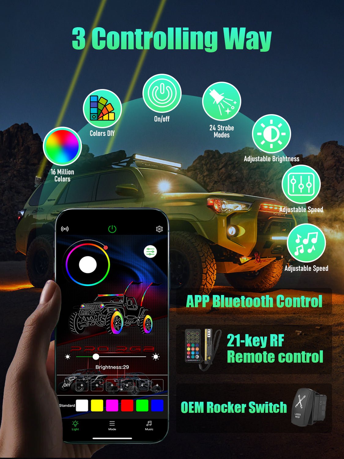 Chelhead Laser Whip Lights Kit, App &amp; Remote Control Spiral RGB Chasing Whipless Whips with Rocker Switch Wiring Compatible with UTV ATV Polaris RZR Can - Am SXS Truck, 2 PCS Endless Lights - Chelhead