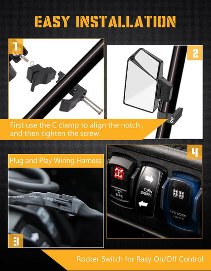 Chelhead UTV Side Mirror with Light Amber Turn Signal Plug And Play Wiring Compatible with Pioneer Polaris RZR 900 1000 Can - Am Kawasaki Mule Rhino YXZ Zforce, Shatter Proof Tempered Glass - Chelhead