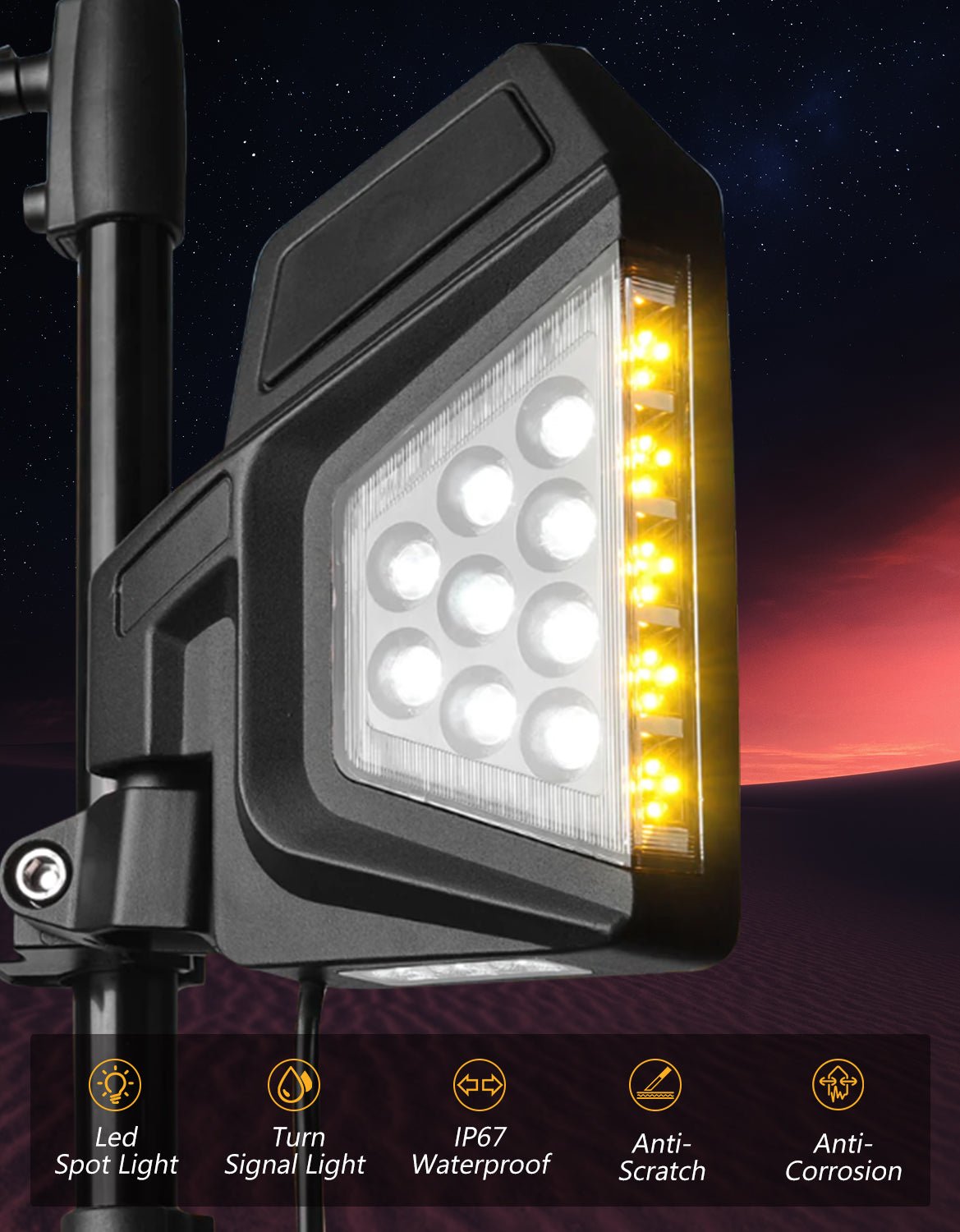 Chelhead UTV Side Mirror with Light Amber Turn Signal Plug And Play Wiring Compatible with Pioneer Polaris RZR 900 1000 Can - Am Kawasaki Mule Rhino YXZ Zforce, Shatter Proof Tempered Glass - Chelhead