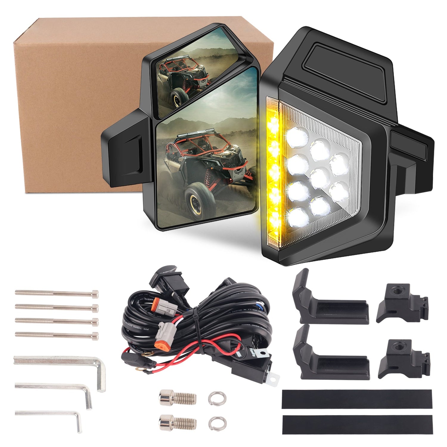 Chelhead UTV Side Mirror with Light Amber Turn Signal Plug And Play Wiring Compatible with Pioneer Polaris RZR 900 1000 Can - Am Kawasaki Mule Rhino YXZ Zforce, Shatter Proof Tempered Glass - Chelhead