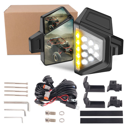Chelhead UTV Side Mirror with Light Amber Turn Signal Plug And Play Wiring Compatible with Pioneer Polaris RZR 900 1000 Can - Am Kawasaki Mule Rhino YXZ Zforce, Shatter Proof Tempered Glass - Chelhead