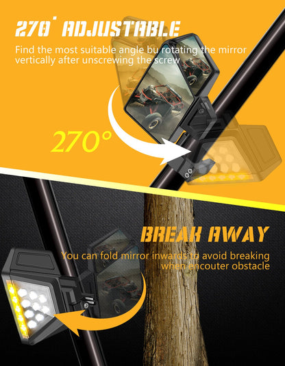 Chelhead UTV Side Mirror with Light Amber Turn Signal Plug And Play Wiring Compatible with Pioneer Polaris RZR 900 1000 Can - Am Kawasaki Mule Rhino YXZ Zforce, Shatter Proof Tempered Glass - Chelhead