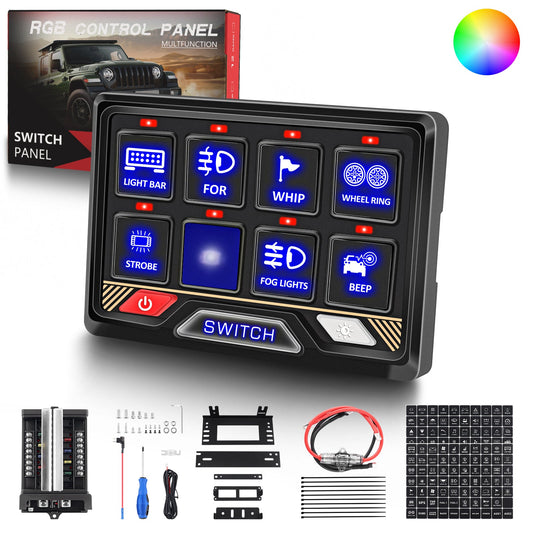 Chelhead Waterproof Aluminum Switch Panel 8 Gang 80A 4 Inch RGB Led Switch Panel Universal Circuit Control System Relay Box Compatible with RV Car Boat Truck Trailer,2 Years Warranty - Chelhead